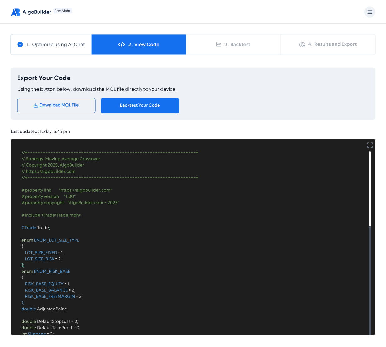 Generated MQL5 code preview - AlgoBuilder