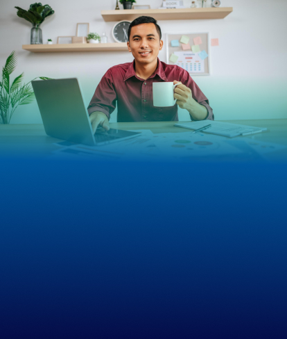 Smiling trader with coffee